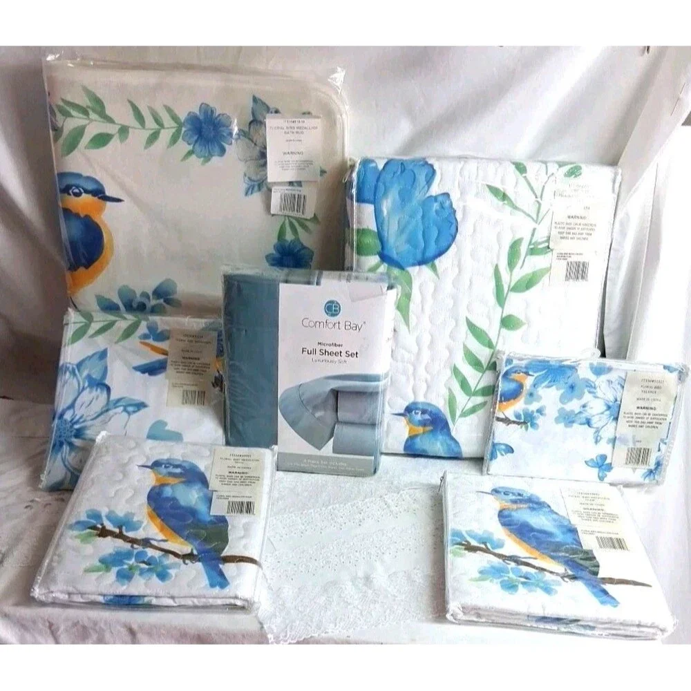 Vintage 7pc Blue Song Bird Floral Matching Full Bedding & Bath Set Y2k